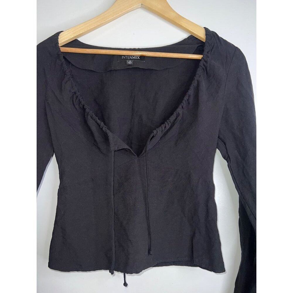 Intermix linen Lace Up Top black long sleeve shirt tie front blouse sz 6 MEDIUM - Picture 7 of 9